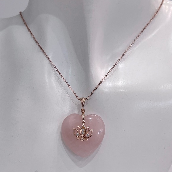 Galilea Rose Quartz White Zircon 14K RG Sterling Silver Lotus On Heart Necklace - Picture 2 of 10